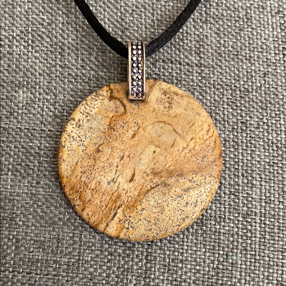 Vintage Natural Brown Picture Jasper Medallion & Cord Necklace